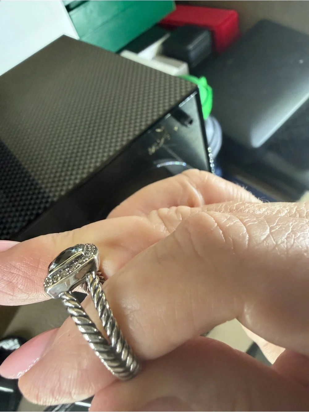 David Yurman Silver Ring with Light Green Cushion-Cut Center and Pavé Halo